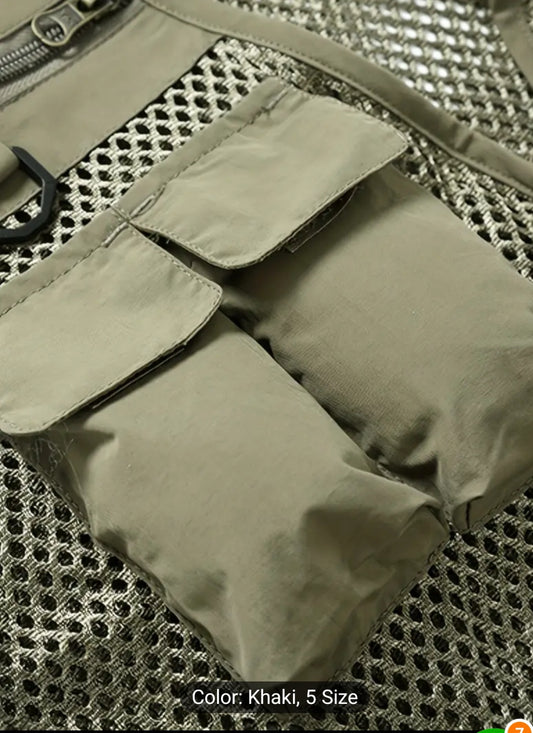Mesh Breathable Men's Sleeveless Nylon Loose Zip Up V-neck Cargo Vest For Summer Outdoor, Multi-pocket Vest For Hiking Climbing Camping Fishing